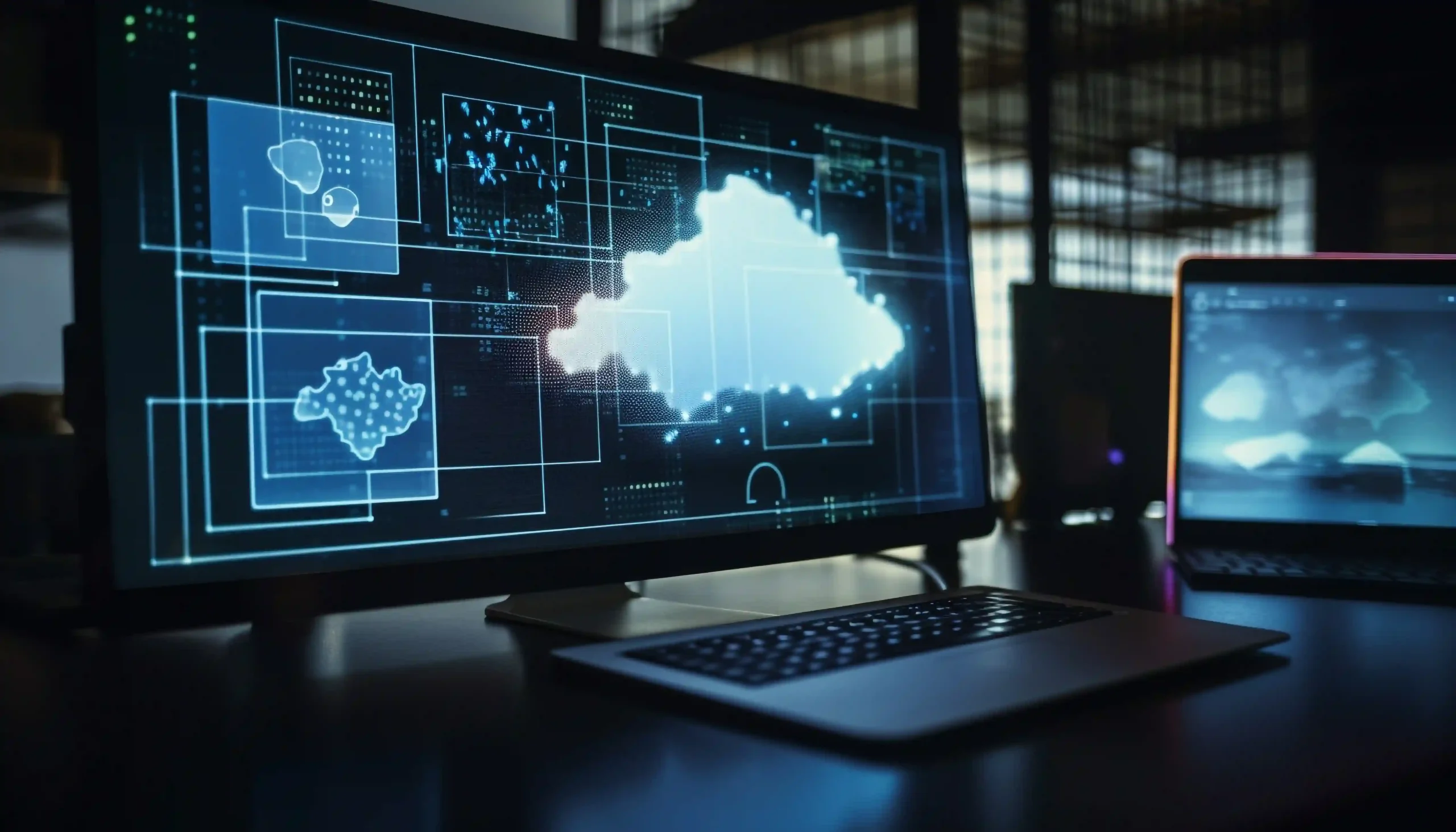 modern office desk with glowing technology representing azure cloud saas web development