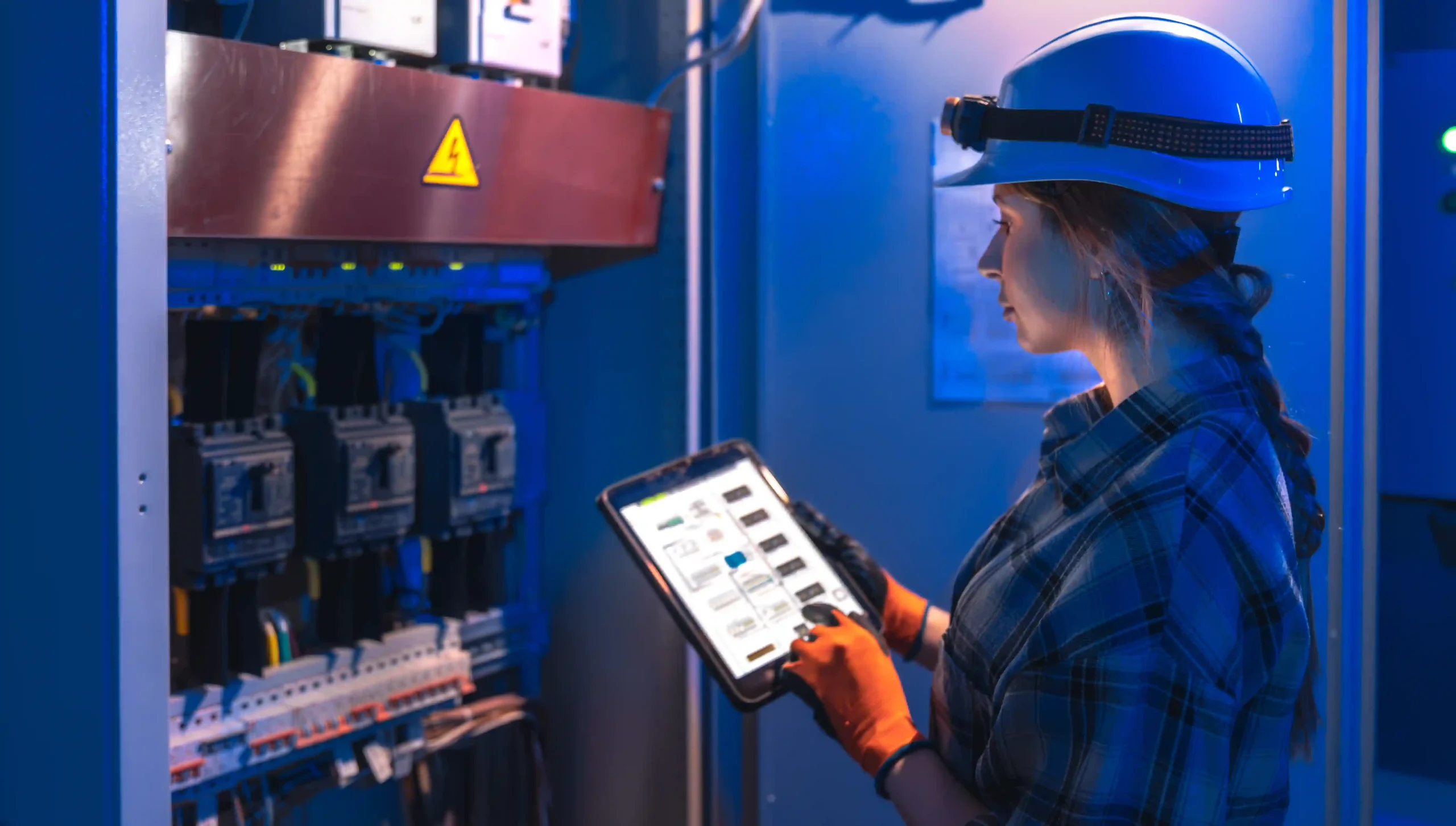 engineer inspecting an electrical panel with a digital schematic in electronics manufacturing